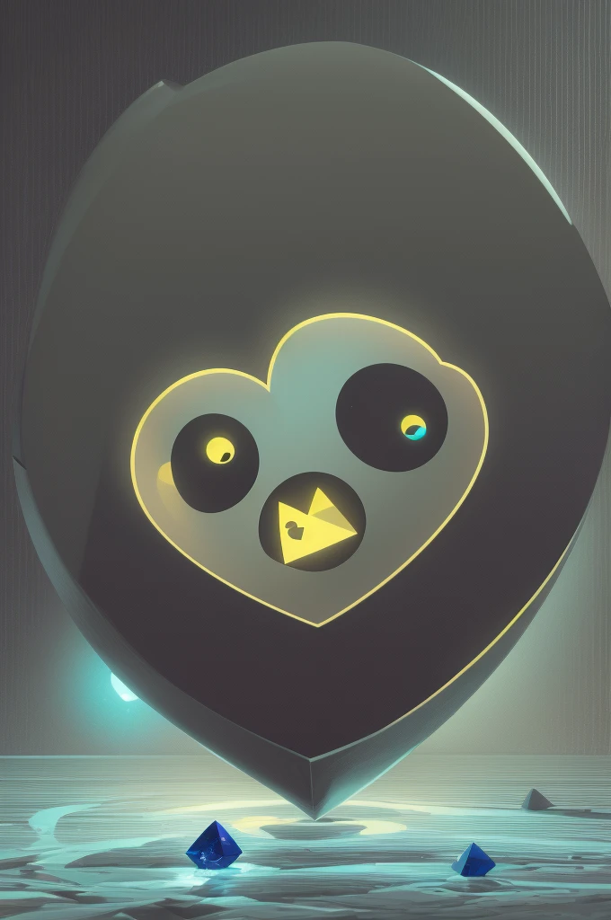 The image shows a pixelate PacMan holding a crystal heart in his hand. PacMan looks at the heart with a melancholy look on his face. The image have a photorealistic, digital paint and HDR style. 