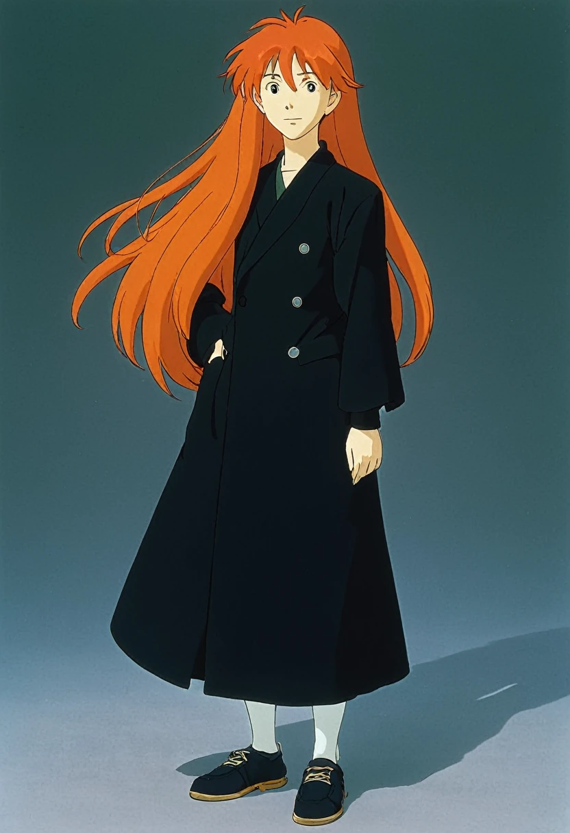 A Ghibli's studio character. With very long orange hair and dark clothes.