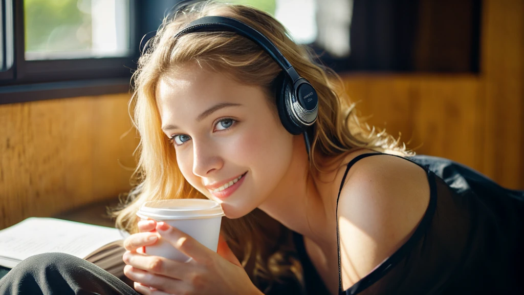 Beautiful blonde in a black dress (Sitting in bed with the morning sun shining in, holding a cup of coffee),Wearing headphones,Very detailed, 21 years old, Innocent face, Naturally Wavy Hair, blue eyes, High resolution, masterpiece, highest quality, Intricate details, Very detailed, Clear focus, Delicate skin, practical skin texture, texture, Delicate eyes, Professional, 4K, Cute Smile, Shot with Canon, 85mm, Shallow and deep,  Kodak Vision Color, Exactly, Very detailed, photograph_\(Extremist\), photographpractical, practical, Post-processing, Maximum details, Roughness, Real Life, Extremist practical, Photorealism, photographgraphy, 8K Ultra HD, photographgraphy