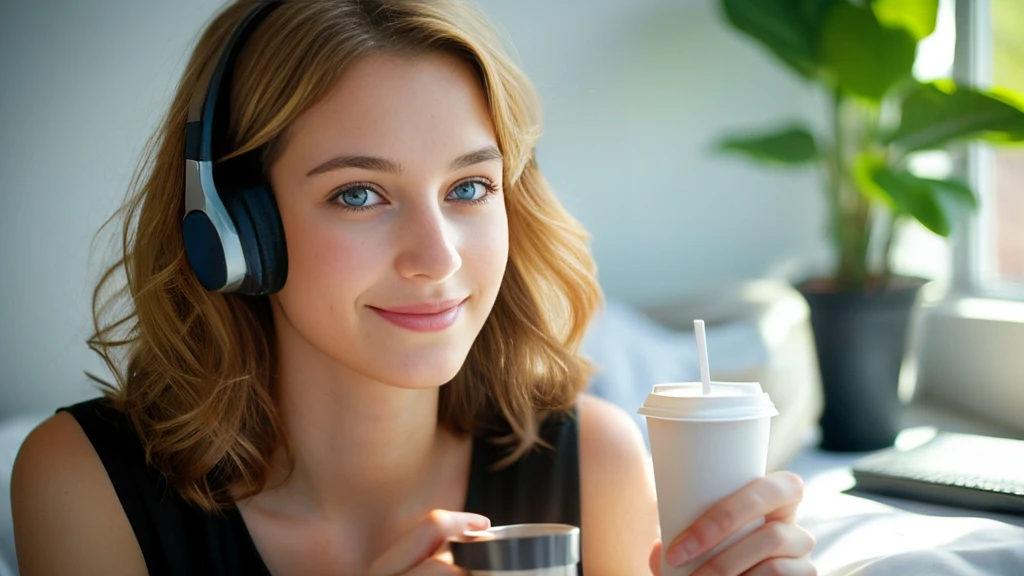 Beautiful blonde in a black dress (Sitting in bed with the morning sun shining in, holding a cup of coffee),Wearing headphones,Very detailed, 21 years old, Innocent face, Naturally Wavy Hair, blue eyes, High resolution, masterpiece, highest quality, Intricate details, Very detailed, Clear focus, Delicate skin, practical skin texture, texture, Delicate eyes, Professional, 4K, Cute Smile, Shot with Canon, 85mm, Shallow and deep,  Kodak Vision Color, Exactly, Very detailed, photograph_\(Extremist\), photographpractical, practical, Post-processing, Maximum details, Roughness, Real Life, Extremist practical, Photorealism, photographgraphy, 8K Ultra HD, photographgraphy