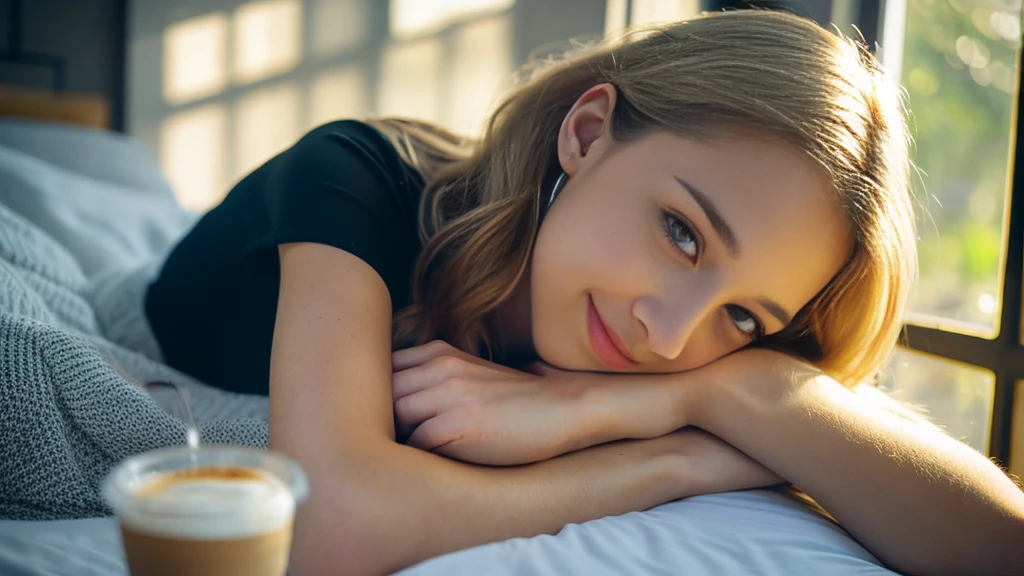 Beautiful blonde in a black dress (Sitting in bed with the morning sun shining in, holding a cup of coffee),Wearing headphones,Very detailed, 21 years old, Innocent face, Naturally Wavy Hair, blue eyes, High resolution, masterpiece, highest quality, Intricate details, Very detailed, Clear focus, Delicate skin, practical skin texture, texture, Delicate eyes, Professional, 4K, Cute Smile, Shot with Canon, 85mm, Shallow and deep,  Kodak Vision Color, Exactly, Very detailed, photograph_\(Extremist\), photographpractical, practical, Post-processing, Maximum details, Roughness, Real Life, Extremist practical, Photorealism, photographgraphy, 8K Ultra HD, photographgraphy