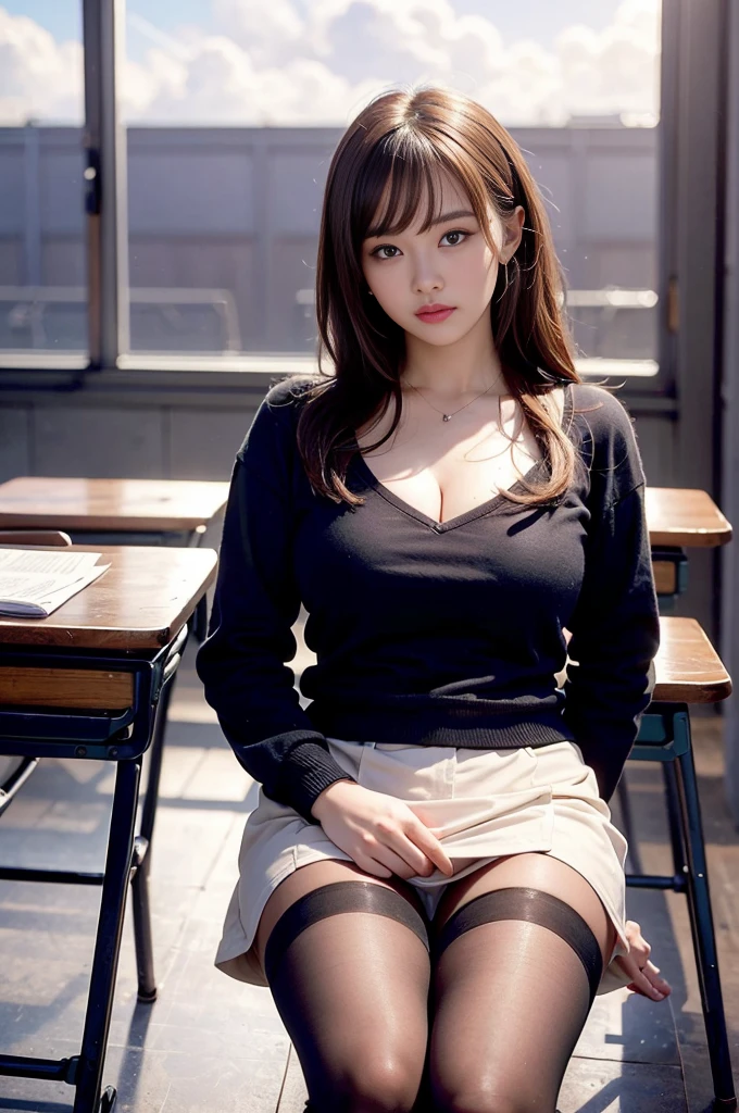 highest quality, masterpiece, High definition, 16K quality, beautiful , Light brown medium hair, 明るい茶色のbeautiful目, uniform, White blouse, black_pantyhose, White panties showing through pantyhose, Plump and large breasts, Large breasts sagging due to gravity, Blushing, She is looking at the camera, A dreamy look, Spread your legs, night classroom, Bright red sky, beautiful clouds in madder color,