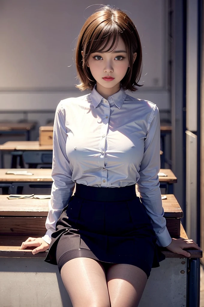 highest quality, masterpiece, High definition, 16K quality, beautiful , Light brown medium hair, 明るい茶色のbeautiful目, uniform, White blouse, black_pantyhose, White panties showing through pantyhose, Plump and ,  sagging due to gravity, Blushing, She is looking at the camera, A dreamy look, Spread your legs, night classroom, Bright red sky, beautiful clouds in madder color,