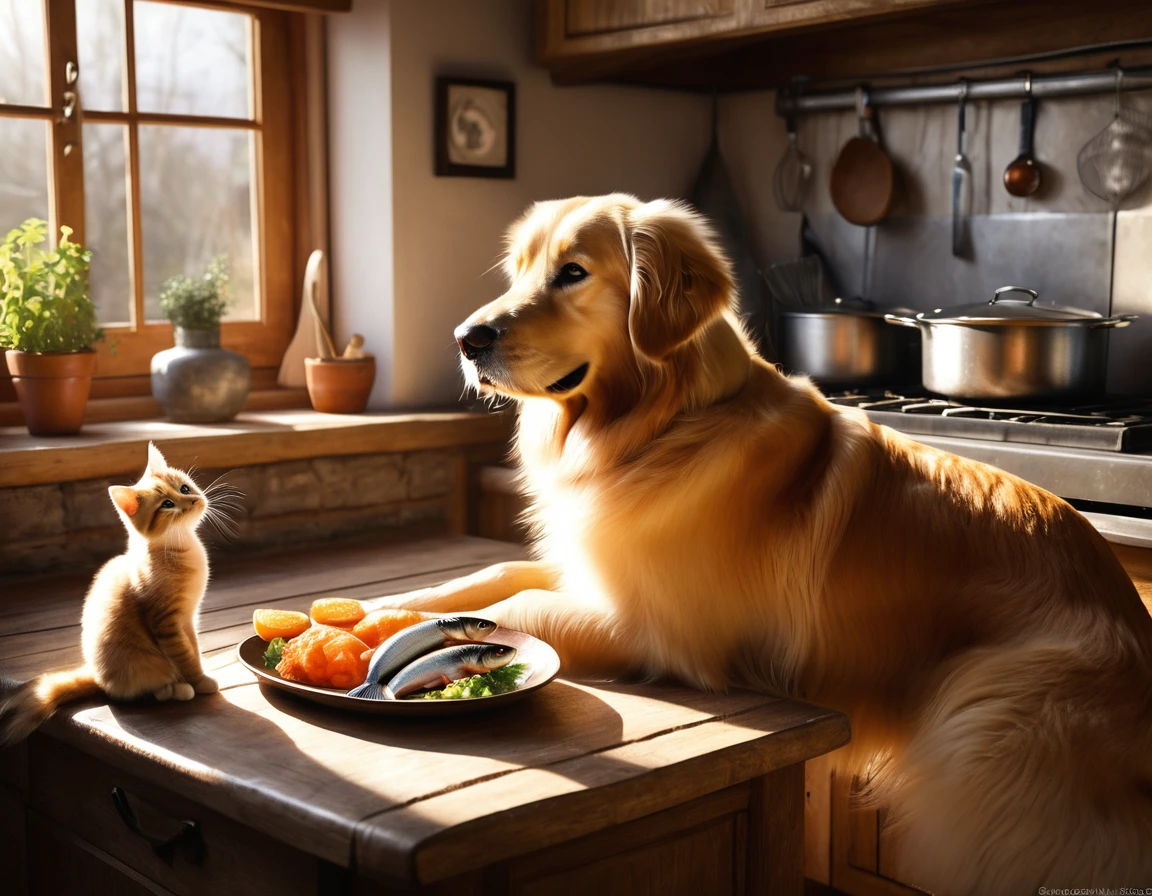 Friendship between a Dog and a Cat: "Illustrate a scene where a friendly Golden Retriever dog is giving a fresh fish to a grateful Siamese cat. They are sitting in a cozy kitchen with a warm, inviting atmosphere. The dog is holding the fish gently in its mouth and offering it to the cat, who looks delighted and appreciative. The background should include details like a rustic kitchen table, a window with sunlight streaming in, and a few kitchen utensils hanging on the wall. The image should be highly detailed, focused, and of very high quality, capturing the textures of the dog's fur, the cat's sleek coat, the shiny fish, and the cozy kitchen environment. Every element should be rendered with precision to convey the warmth and friendliness of the scene."