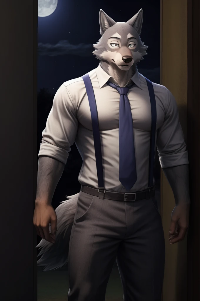 Legoshi is a tall, lean gray wolf, fur on his body is bluish gray, while his face, neck, and chest fur are a cream color, wearing a indigo vest, a dark gray tie, black suspenders, gray pants with dark gray vertical stripes, and brown loafers, anthro wolf, male, adult, muscles, grey fur, buffed body, tail, sexy, beefy body, furred body, furry chest hair, realistic, full body, photorealistic, ultra realistic, 8k, night, bare-chested