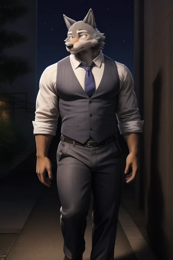 Legoshi is a tall, lean gray wolf, fur on his body is bluish gray, while his face, neck, and chest fur are a cream color, wearing a indigo vest, a dark gray tie, black suspenders, gray pants with dark gray vertical stripes, and brown loafers, anthro wolf, male, adult, muscles, grey fur, buffed body, tail, sexy, beefy body, furred body, furry chest hair, realistic, full body, photorealistic, ultra realistic, 8k, night, bare-chested