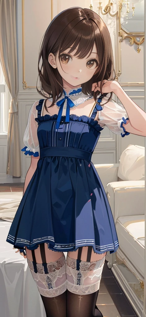 ((masterpiece)), ((best quality)), ((ultra detailed)), ((kawaii)), cute, (lovely), ((extremely detailed)), ((8K)), (beautiful), full body, luxury room, a cute girl, 1girl, solo, blue mini camisole dress,beautiful light brown hair, ((detailed beautiful brown eyes)), white-skinned, flat breast, tiny breast, garter belt,(garter stockings:1.4),full body