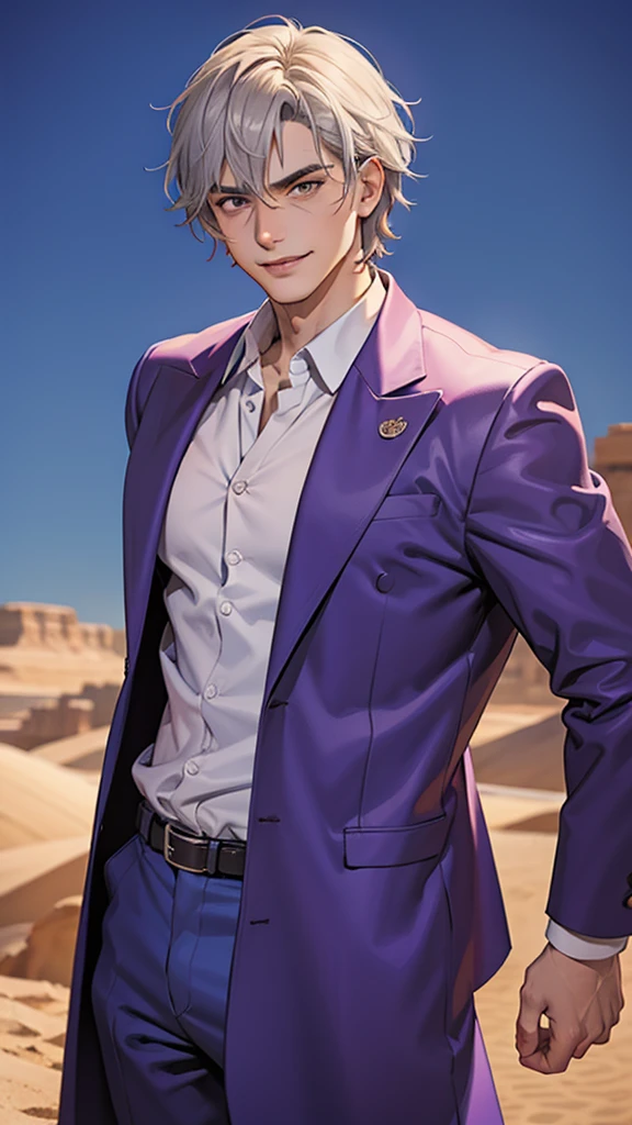 Portrait of a man in his 40s、standing、silver hair、the joker、purple dress , smile , Long body、 、desert background、