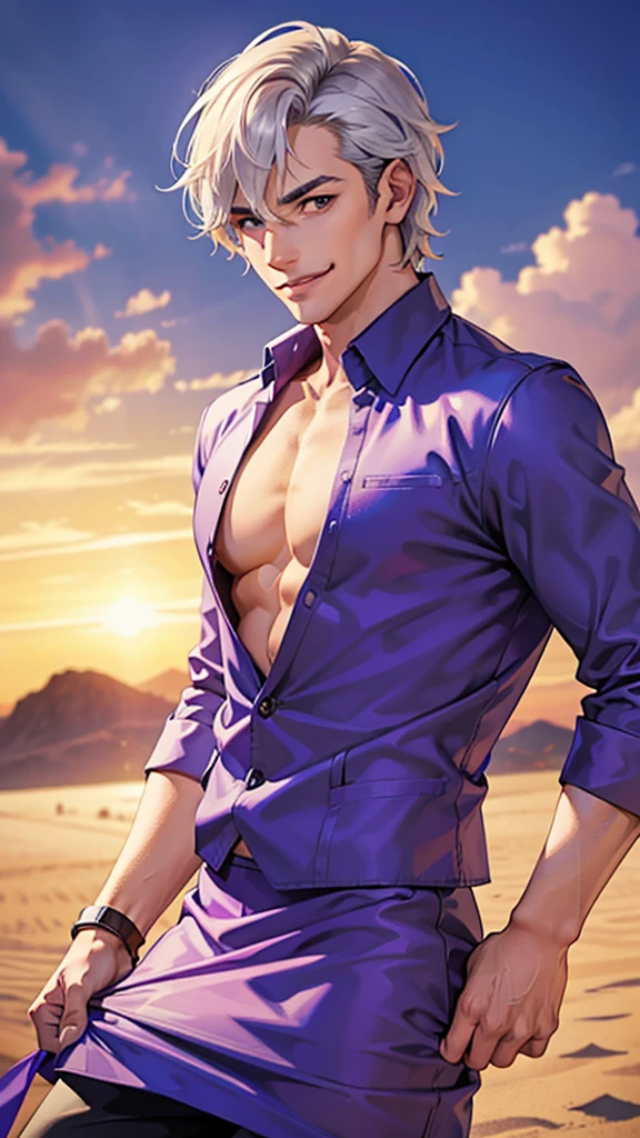 Portrait of a man in his 40s、standing、silver hair、the joker、purple dress , smile , Long body、 、desert background、