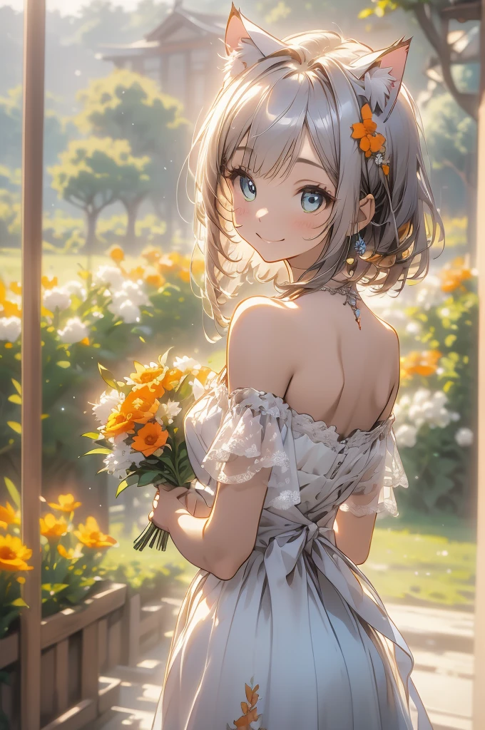 (highest quality))、((masterpiece))、(detailed),masterpiece,best quality, high quality,ulutra detailed,Perfect Face、（1girl：1.8）、 Mina、(woman、Sparkling Eyes、Cat ear：2.0、Silver Bob Hair：2.5))、Holding a bouquet of colorful flowers、Orange off-shoulder dress、Brown embroidery、Brown Sandals、Flower Field、smile