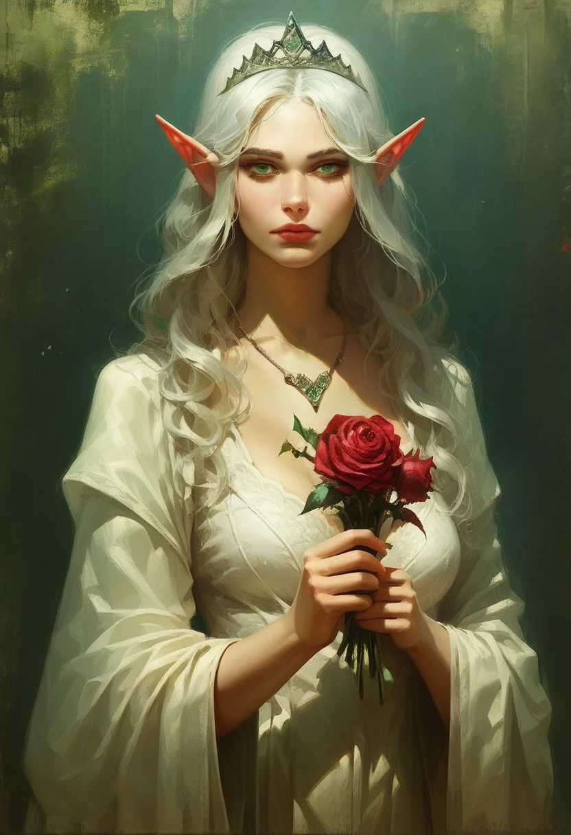 concept art, realistic, dark theme, low light, 1girl, solo, elf, pointy ears, breasts, long hair, very long hair, white hair, green eyes, portrait, looking at viewer, black lingerie, tiara, silver tiara, holding, holding flower, rose, red rose, necklace, jewelry, cowboy shot, standing, outdoors, castle
