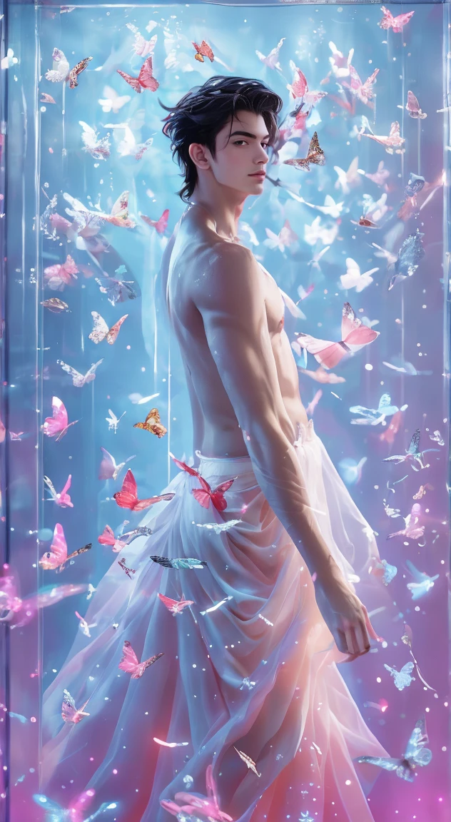 (8K, RAW photos, Highest quality) masterpiece, 1 boy, 18 years old, Asian muscular man Look at the viewer, standing, showing his big, muscular breasts, puffy nipples, sexy six pack, narrow waist, Handsome, Topless, Thick  body feathers, wearing soft sparkling blue glowing thong, butterflies on her body, butterflies flying in the air, gradient background, Glitter & Sequin Background, cinematic lighting, UHD