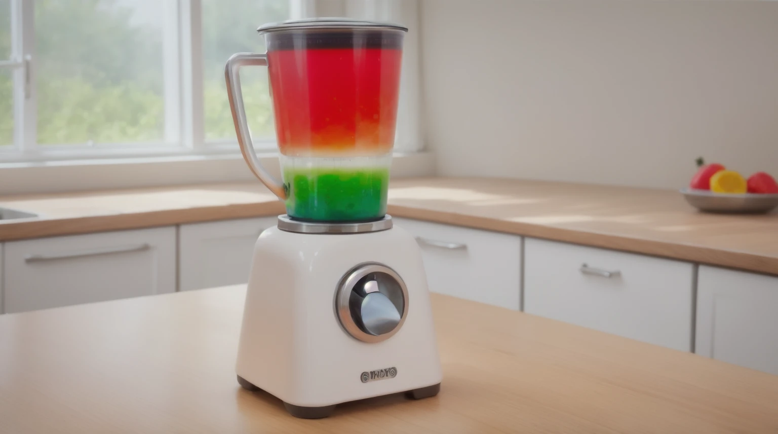 in a bright kitchen, on a wooden table, a plastic toy blender, a metal button, a glass bowl, a mixed-color jelly mix, bright lighting, beautiful light from the window, high quality, high resolution, realistic style, detailed textures, beautiful light source, ultra hd 4k. macro photography. beautiful photo