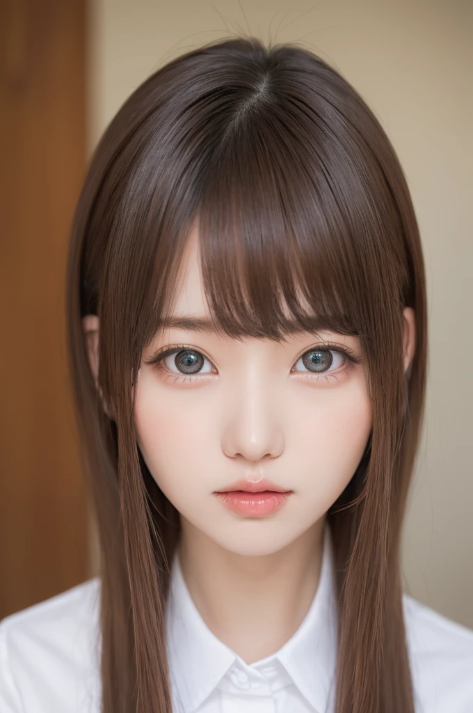 masterpiece, highest quality, One Girl, (bishojo, Cosplayers:1.3), (16 years old:1.2), Extremely detailed clarity, (Symmetrical eyes:1.3), (school uniform, Short sleeve, White shirt:1.2), light makeup, eyelash, Brown eyes, Parted bangs, Brown Hair, Open your mouth, Upper teeth, (Eye and facial details:1.0)