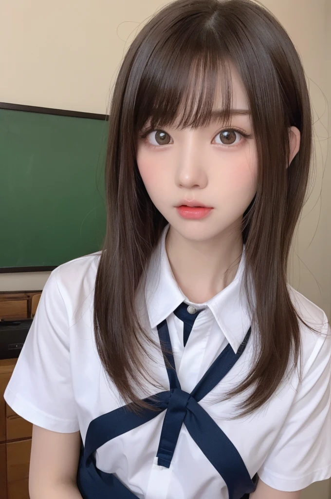 masterpiece, highest quality, One Girl, (bishojo, Cosplayers:1.3), (:1.2), Extremely detailed clarity, (Symmetrical eyes:1.3), (school uniform, Short sleeve, White shirt:1.2), light makeup, eyelash, Brown eyes, Parted bangs, Brown Hair, Open your mouth, Upper teeth, (Eye and facial details:1.0)