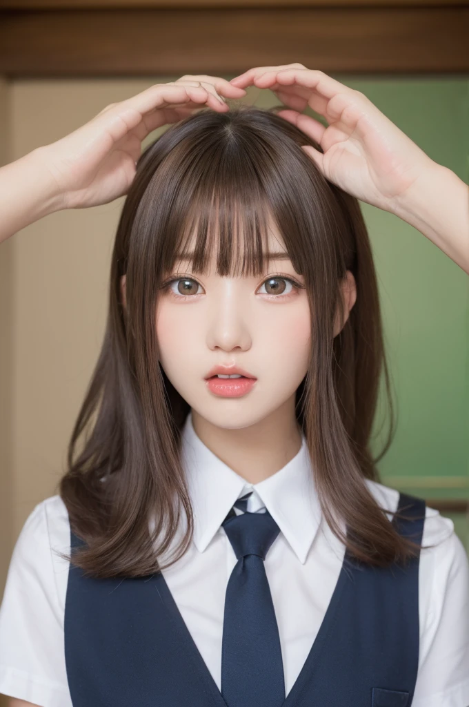 masterpiece, highest quality, One Girl, (bishojo, Cosplayers:1.3), (:1.2), Extremely detailed clarity, (Symmetrical eyes:1.3), (school uniform, Short sleeve, White shirt:1.2), light makeup, eyelash, Brown eyes, Parted bangs, Brown Hair, Open your mouth, Upper teeth, (Eye and facial details:1.0)
