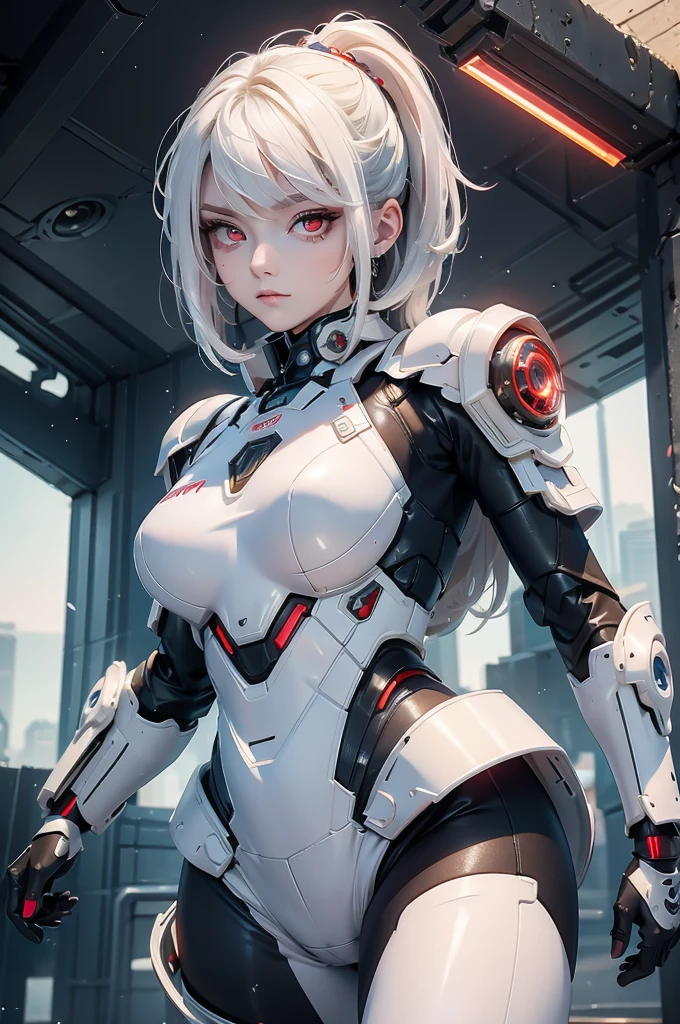 ((Cyberpunk women images))，Dynamic pose、(masterpiece:1.4, highest quality, Dutch Angle)(One girl, alone)（White hair that changes with the light、Smooth and straight hair、WHITE hair fluttering in the wind）、（beautiful, Glowing Skin、Cheek gloss highlighter、Sexy and very beautiful and adorable face、世界で最もbeautiful顔、big, Glowing red eyes）、（Cute 25 year old girl、Ample breasts、Narrow waist、Delicate shoulders、Perfect figure）（Overall dark、Abandoned futuristic city、End of the Century World、Traces of war、Caves、ruins）(Futuristic combat suit、White-based battle armor、Highly decorated battle suit)（Shooting from close range、Close-up image）
