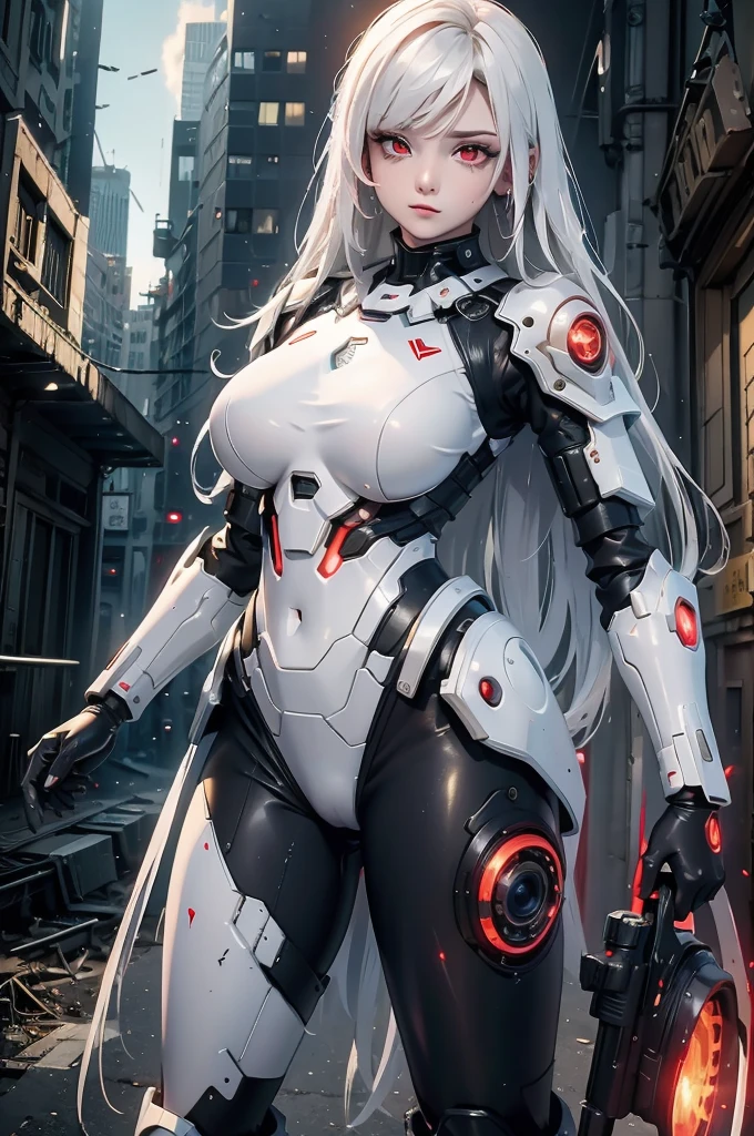 ((Cyberpunk women images))，Dynamic pose、(masterpiece:1.4, highest quality, Dutch Angle)(One girl, alone)（White hair that changes with the light、Smooth and straight hair、WHITE hair fluttering in the wind）、（beautiful, Glowing Skin、Cheek gloss highlighter、Sexy and very beautiful and adorable face、世界で最もbeautiful顔、big, Glowing red eyes）、（Cute 25 year old girl、Ample breasts、Narrow waist、Delicate shoulders、Perfect figure）（Overall dark、Abandoned futuristic city、End of the Century World、Traces of war、Caves、ruins）(Futuristic combat suit、White-based battle armor、Highly decorated battle suit)（Shooting from close range、Close-up image）
