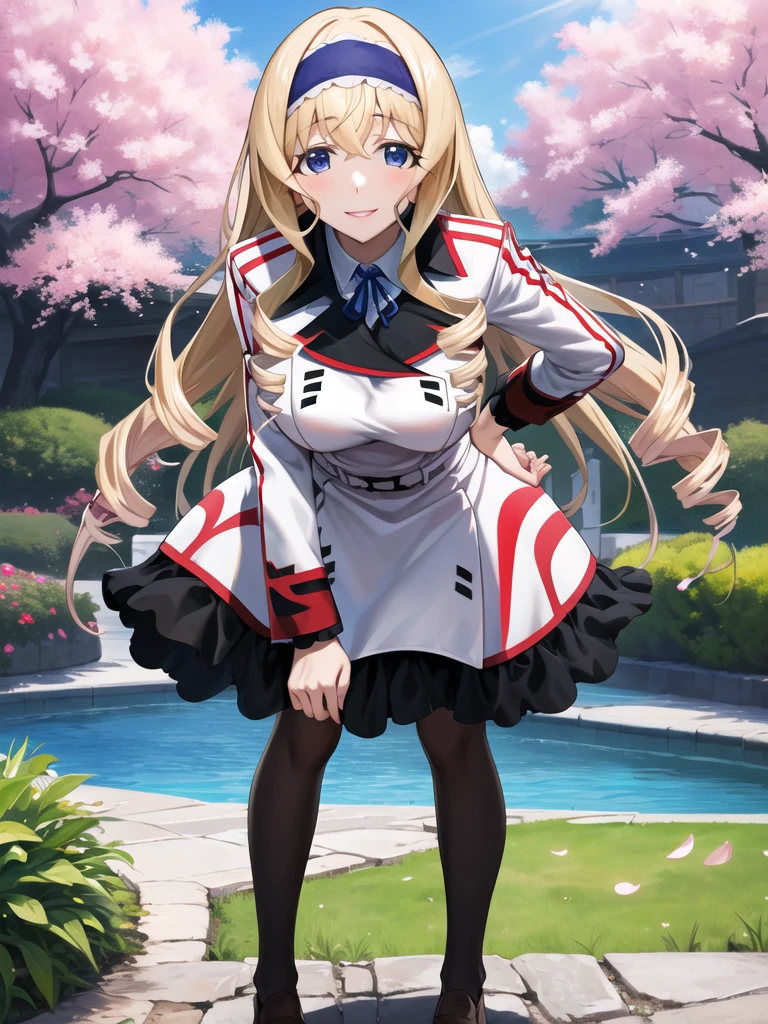 masterpiece, highest quality, High resolution,  Asecilia, Very long hair, Curly Hair, Drill Hair, Blue hair band, , White jacket, White Dress, Long sleeve, belt, Black Pantyhose, Leaning forward, smile, cherry blossoms, Outdoor, Cowboy Shot, Put your hands on your knees, Are standing