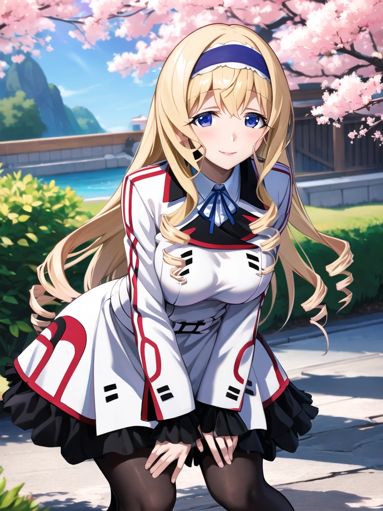 masterpiece, highest quality, High resolution,  Asecilia, Very long hair, Curly Hair, Drill Hair, Blue hair band, , White jacket, White Dress, Long sleeve, belt, Black Pantyhose, Leaning forward, smile, cherry blossoms, Outdoor, Cowboy Shot, Put your hands on your knees, Are standing