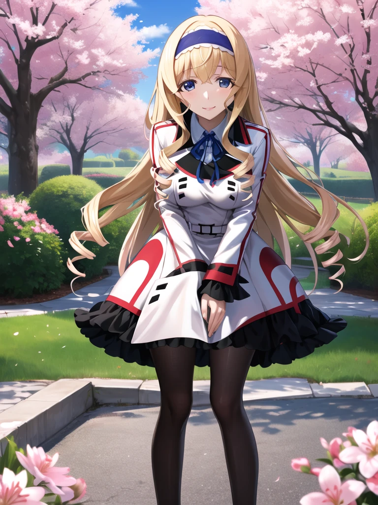 masterpiece, highest quality, High resolution,  Asecilia, Very long hair, Curly Hair, Drill Hair, Blue hair band, , White jacket, White Dress, Long sleeve, belt, Black Pantyhose, Leaning forward, smile, cherry blossoms, Outdoor, Cowboy Shot, Put your hands on your knees, Are standing