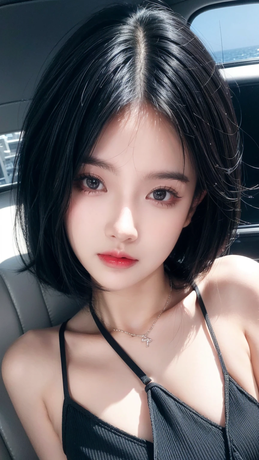 best quality, 1 Girl, dark blue hair, black eyes, Very short hair, Spiky hair, black dress luxury, 171 cm, Messy hair, Hair between the eyes, Medium breasts, full, Tomboy, aldult, 20 years old, A sweet girl by the beach