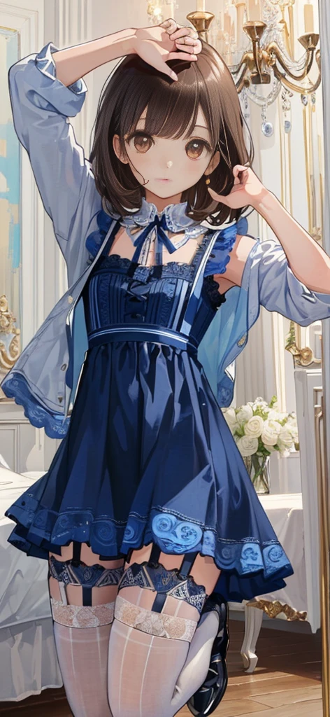 ((masterpiece)), ((best quality)), ((ultra detailed)), ((kawaii)), cute, (lovely), ((extremely detailed)), ((8K)), (beautiful), full body, luxury room, a cute girl, 1girl, solo, blue mini camisole dress,beautiful light brown hair, ((detailed beautiful brown eyes)), white-skinned, flat breast, tiny breast, garter belt,(garter stockings:1.4),full body