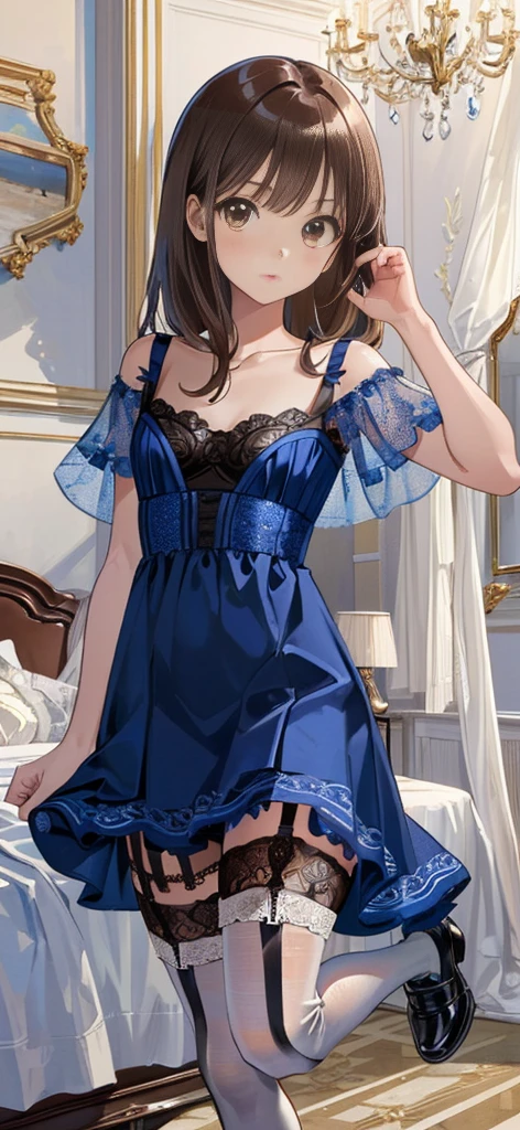((masterpiece)), ((best quality)), ((ultra detailed)), ((kawaii)), cute, (lovely), ((extremely detailed)), ((8K)), (beautiful), full body, luxury room, a cute girl, 1girl, solo, blue mini camisole dress,beautiful light brown hair, ((detailed beautiful brown eyes)), white-skinned, flat breast, tiny breast, garter belt,(garter stockings:1.4),full body