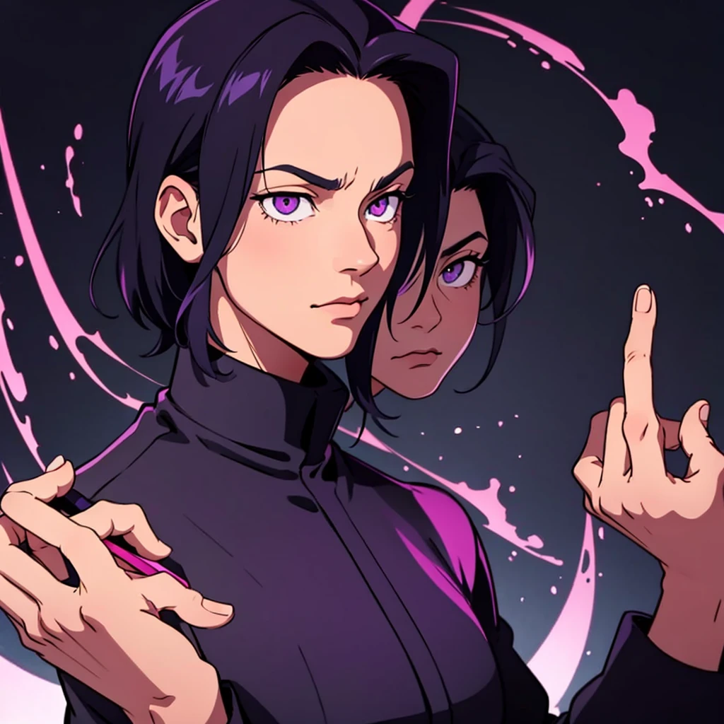 short black hair, highres, high resolution, masterpiece, wide purple eyes, talking, stoic, confident, masterpiece, best quality, highres, 1 man, Geto Suguru jujutsu kaisen, straight hair, slicked back hair, black hair, short hair, Geto Suguru hair, ager, colorful hair, light background, full body, teen, colorful parts, symbols, dark , bold, realistic mixing dark lines and loose lines, bold lines, on paper, human man, full body, intimidating pose, stylish outfit, dark theme, beautiful, pretty, modest, standing, male, sharp chin, high cheekbones, white background, highres, high resolution, masterpiece