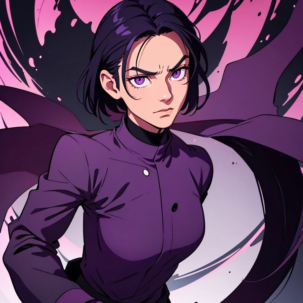 short black hair, highres, high resolution, masterpiece, wide purple eyes, talking, stoic, confident, masterpiece, best quality, highres, 1 man, Geto Suguru jujutsu kaisen, straight hair, slicked back hair, black hair, short hair, Geto Suguru hair, teenager, colorful hair, light background, full body, teenager, colorful parts, symbols, dark , bold, realistic mixing dark lines and loose lines, bold lines, on paper, human man, full body, intimidating pose, stylish outfit, dark theme, beautiful, pretty, modest, standing, male, sharp chin, high cheekbones, white background, highres, high resolution, masterpiece