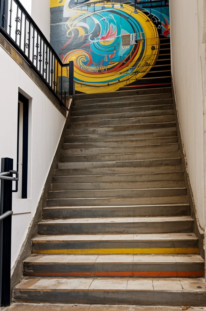 Escalera en una pared con grafitis