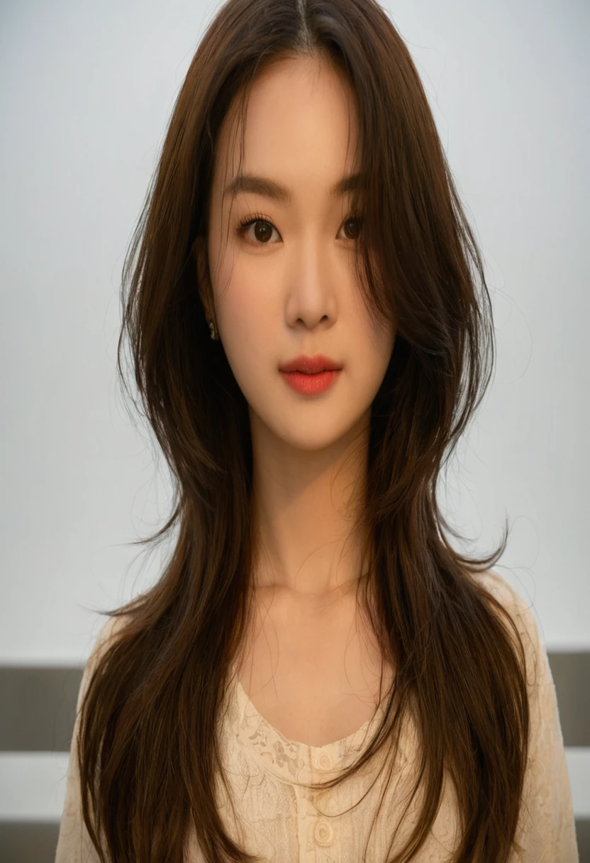 Best Quality, 8k, Masterpiece, (Portrait: 1.3), (photo realistic:1.4), (hyper realistic:1.4), Sharp Focus, looking at viewer, (smoother lighting:1.1), (increase cinematic lighting quality:0.9), realistic lighting, backlighting, light on face, ray trace, (brightening light:1.2), (Increase quality:1.4), sharp detail, (best quality real texture skin:1.4), finely detailed eyes, black_eyes, finely detailed face, 25 year old Korean woman, (white formal_shirt:1.4), (Create an image maintaining the original base model hairstyle:1.5)