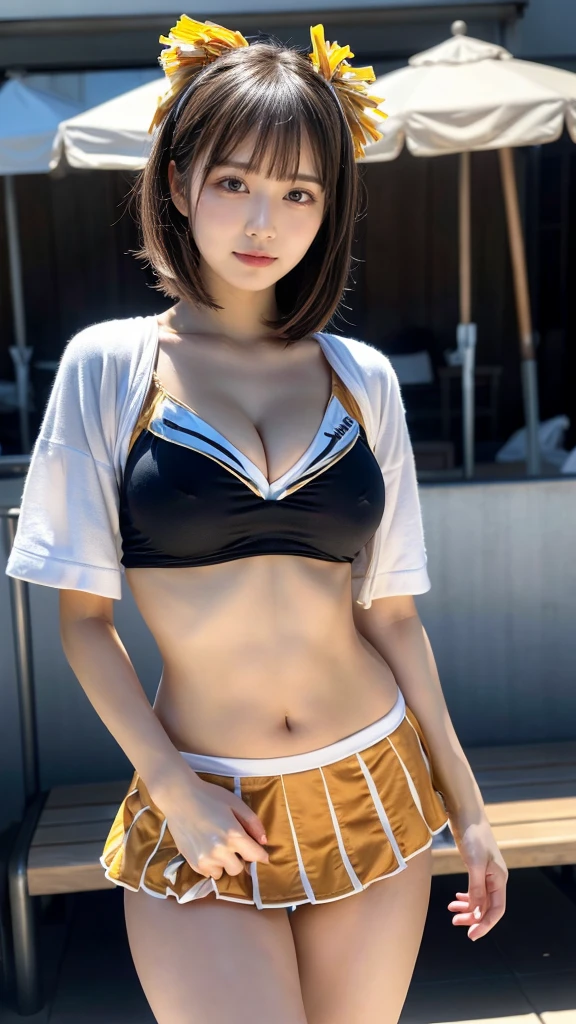 (RAW photo, 4k, masterpiece, high resolution, extremely complex) (realistic: 1.4), cinematic lighting, blushing,((innocent)),bright eyes,round eyes,blunt bangs,(short bob hair:1.3),black hair,large breasts,wide hips,Summer Noon, ,Hot, (Best Quality), (Highres), (an Extremely Delicate and Beautiful),(Beautiful 8k face),(Brown eyes),( spectators),(gigantic breasts),(cheer girl:1.5),(a miniskirt),(reality),bright lighting,(The background is a luxury hotel room)