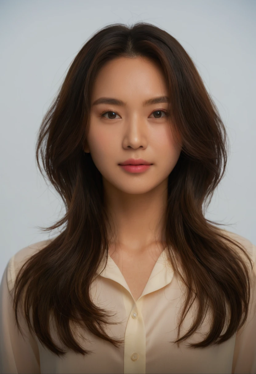 Best Quality, 8k, Masterpiece, (Portrait: 1.3), (photo realistic:1.4), (hyper realistic:1.4), Sharp Focus, looking at viewer, (smoother lighting:1.1), (increase cinematic lighting quality:0.9), realistic lighting, backlighting, light on face, ray trace, (brightening light:1.2), (Increase quality:1.4), sharp detail, (best quality real texture skin:1.4), finely detailed eyes, black_eyes, finely detailed face, 25 year old Korean woman, (white formal_shirt:1.4), (Create an image maintaining the original base model hairstyle:1.5)