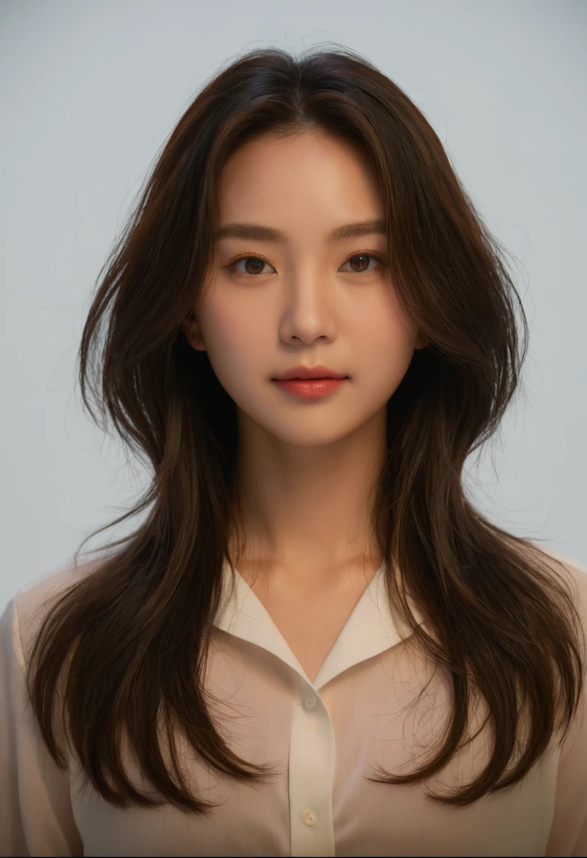 Best Quality, 8k, Masterpiece, (Portrait: 1.3), (photo realistic:1.4), (hyper realistic:1.4), Sharp Focus, looking at viewer, (smoother lighting:1.1), (increase cinematic lighting quality:0.9), realistic lighting, backlighting, light on face, ray trace, (brightening light:1.2), (Increase quality:1.4), sharp detail, (best quality real texture skin:1.4), finely detailed eyes, black_eyes, finely detailed face, 25 year old Korean woman, (white formal_shirt:1.4), (Create an image maintaining the original base model hairstyle:1.5)