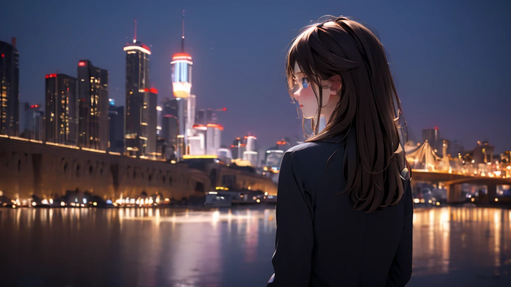 1 girl, medium light brown hair, light blue eyes, wearing black suit, night city, absurdres, high res, ultrasharp, 8K, masterpiece, looking from behind