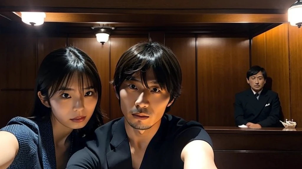 Kikuchi takes a selfie of herself and a Japanese man with long bangs, A luxury hotel room, Dark Room, Room lighting