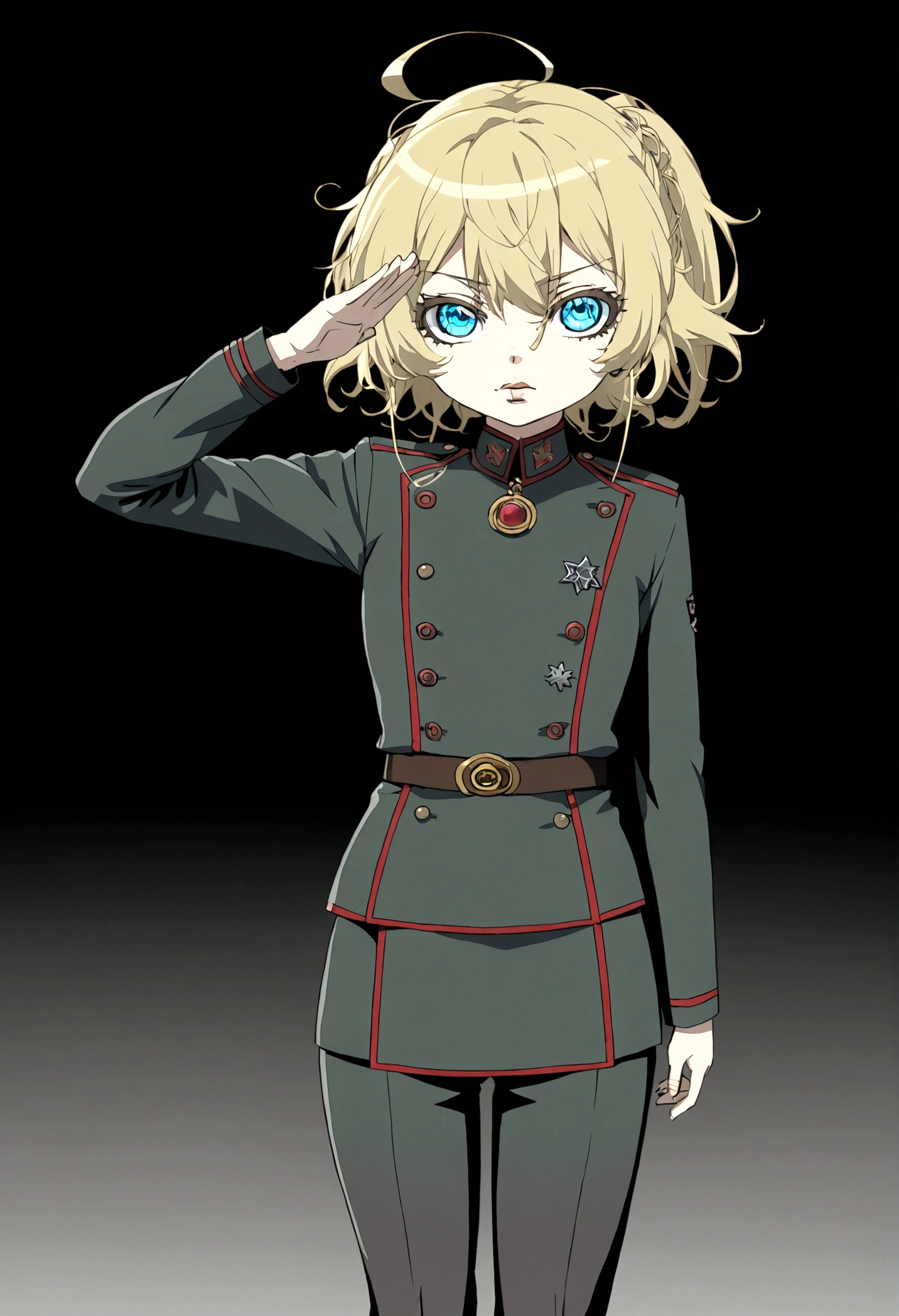 A beautiful anime girl wearing a  military uniform, saluting in a  pose, 90's photo color tones, detailed face and eyes, masterpiece, highly detailed, photorealistic, cinematic lighting, dramatic shadows, vibrant colors, intricate details, elegant pose, stoic expression