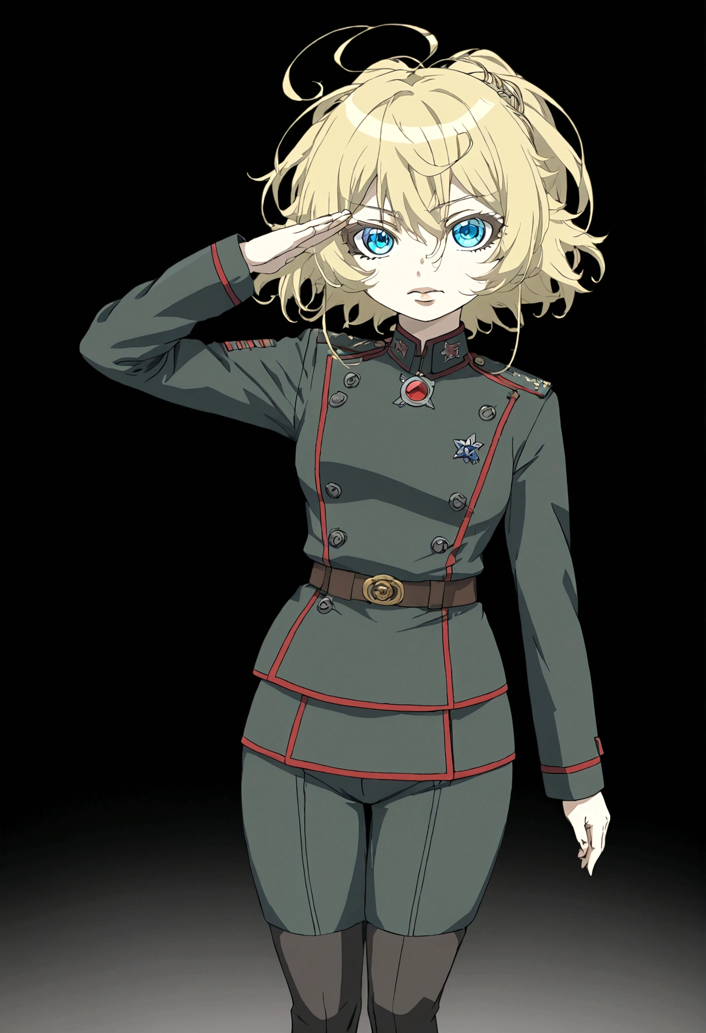 A beautiful anime girl wearing a  military uniform, saluting in a  pose, 90's photo color tones, detailed face and eyes, masterpiece, highly detailed, photorealistic, cinematic lighting, dramatic shadows, vibrant colors, intricate details, elegant pose, stoic expression