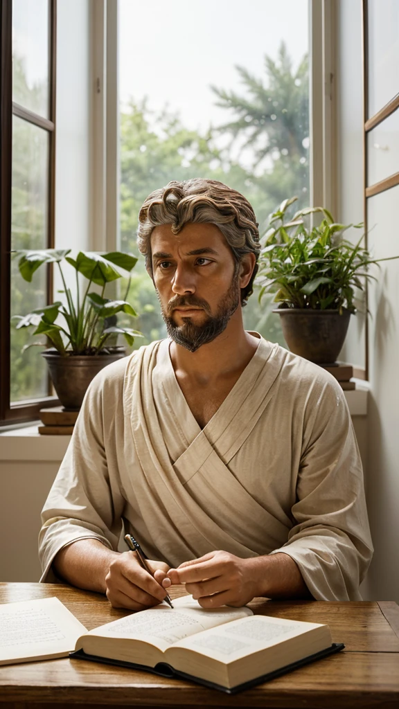 Create a detailed, serene portrait of an ancient Stoic philosopher, specifically Marcus Aurelius, sitting in a calm, minimalist environment. Marcus Aurelius should be depicted in traditional Roman attire, with a thoughtful expression on his face. He should be seated at a wooden desk, surrounded by scrolls and ancient books, with a quill in his hand, as if he is writing his thoughts. The background should be a simple, serene setting with muted, earthy tones, possibly featuring a window with soft natural light filtering through, illuminating the scene gently. A small potted plant or a candle on the desk can add to the tranquil atmosphere, emphasizing the simplicity and peacefulness of the Stoic lifestyle