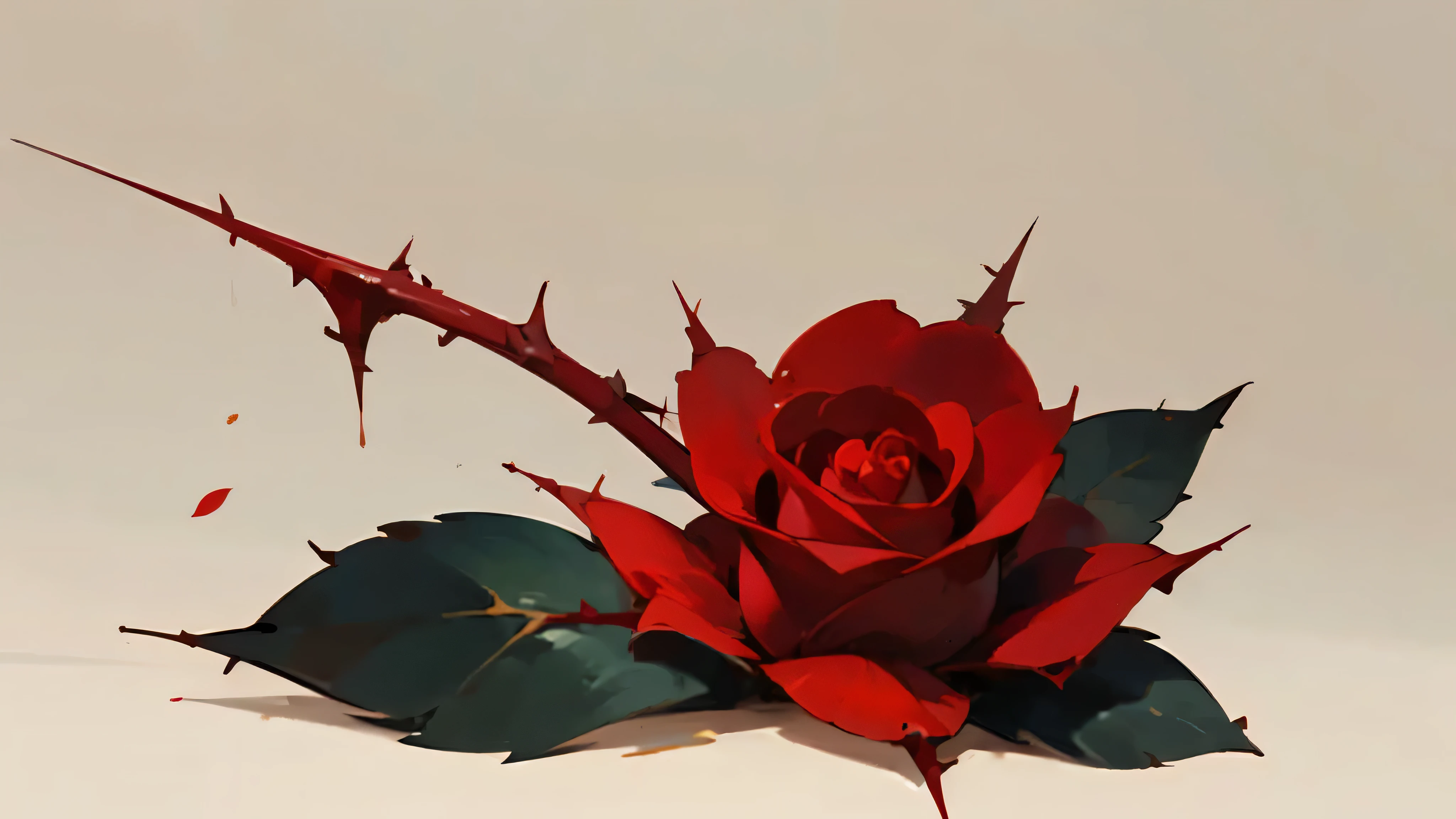 One scarlet rose with thorns and leaves on a beige background. hyperminimalism. A LOT OF EMPTY SPACE. LITTLE ROSE!!! Rose at the bottom of the image. The rest is an empty background