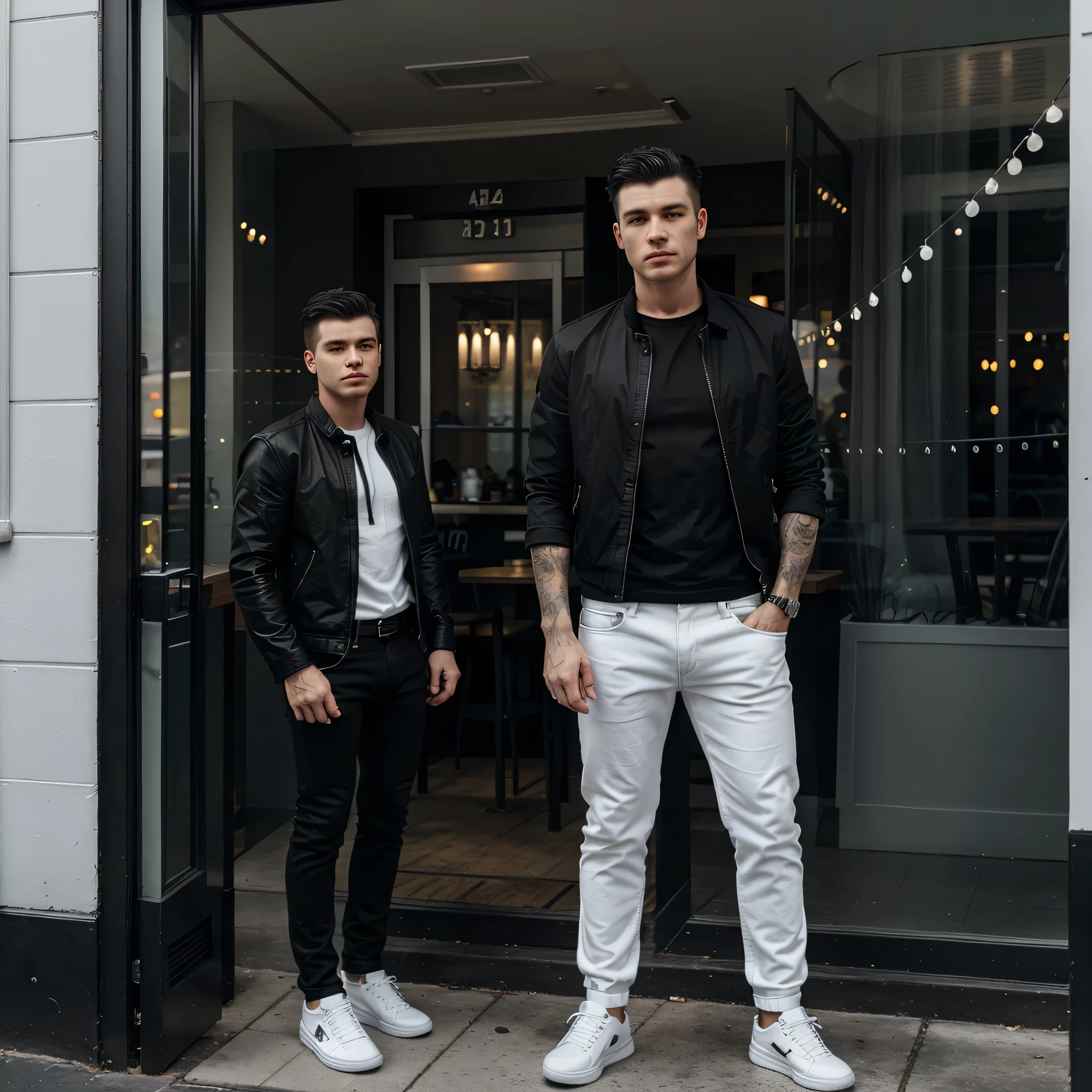 A white man with black tufted hair, wearing black jeans, a black shirt and a white jacket and he is wearing white shoes is standing in front of a restaurant with glass decorations.