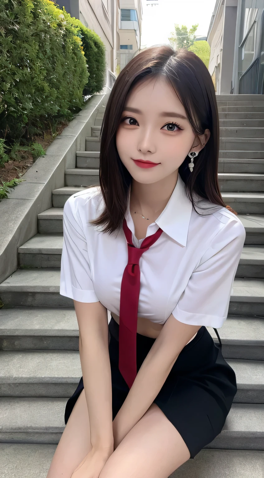 Grey Eyes, Korean , Summer Shirts, Ribbon tie, skirt, Light Blonde, School stairs, going down School stairs, Chest thrust pose, Breast-flaunting pose, 8K Raw Photos, High resolution, Cool Korean 16 year old, Very big round breasts, Beautiful eyes in every detail, Long eyelashes, Beautiful double eyelids, eye shadow, eyeliner, Narrow eyes, Elongated eye shape, Three white eyes, Wicked Smile, Evil look, Beautiful and slim legs, Beautiful and thin thighs, Random Medium Hair, Tie your hair behind your head, Earrings,