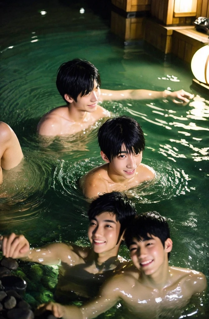 Beautiful boy、Handsome、18-year-old、Japan boys、Black Hair、night、hot spring、Thin、Cute Boys、sit、、In the water、