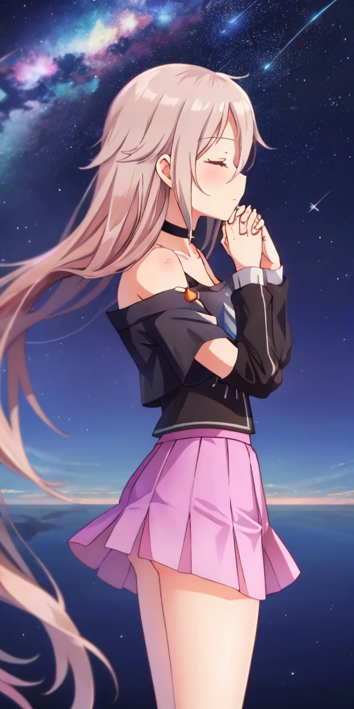 one girl, IA, Aria on the Planetes, off shoulder, black shirt, short skirt, choker, from side, starry sky, look at the sky, pray for stars, close eyes, praying hands, long hair