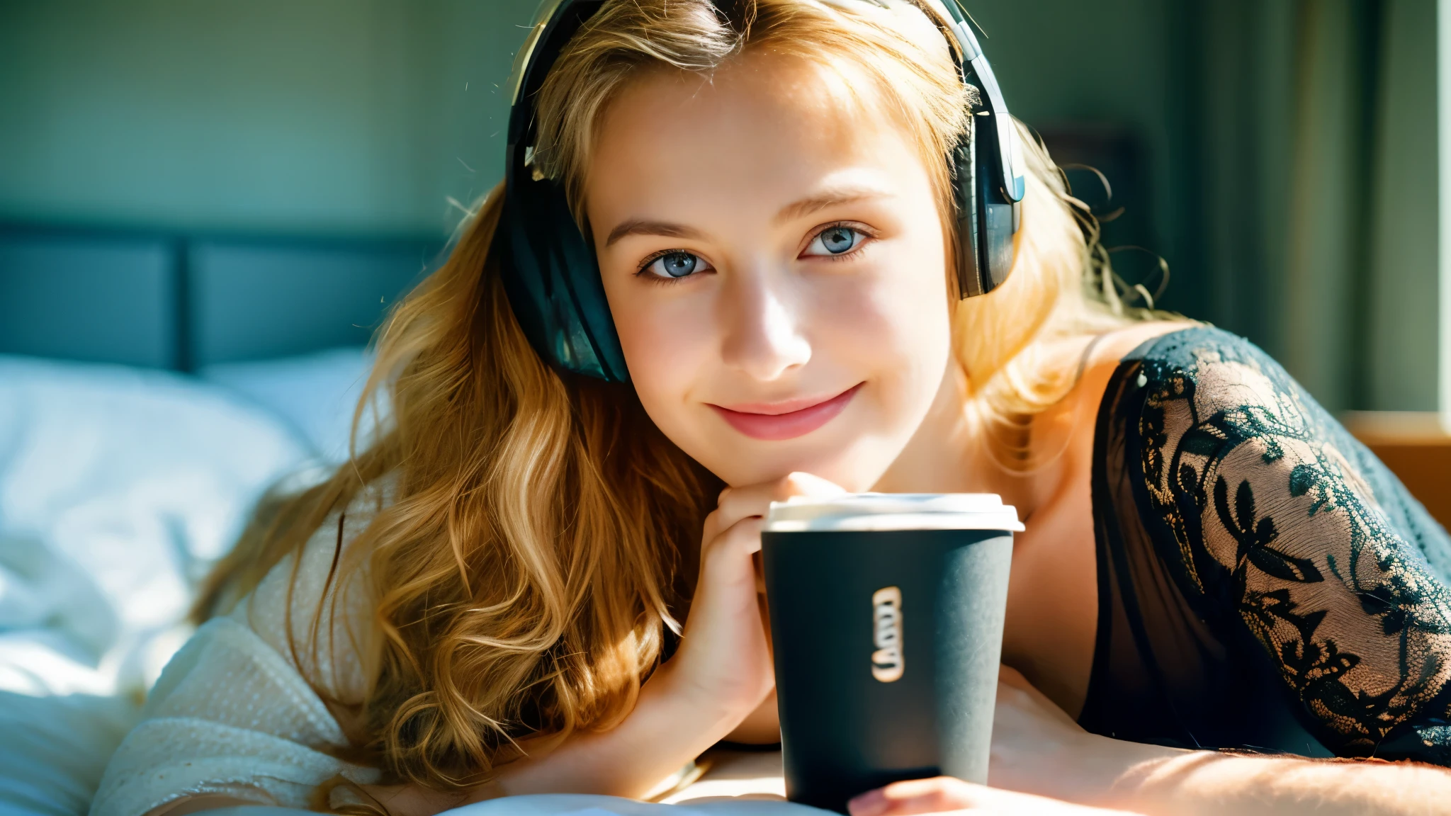 Beautiful blonde in a black dress (Sitting in bed with the morning sun shining in, holding a cup of coffee),Wearing headphones,Very detailed, 21 years old, Innocent face, Naturally Wavy Hair, blue eyes, High resolution, masterpiece, highest quality, Intricate details, Very detailed, Clear focus, Delicate skin, practical skin texture, texture, Delicate eyes, Professional, 4K, Cute Smile, Shot with Canon, 85mm, Shallow and deep, Kodak Vision Color, Exactly, Very detailed, photograph_\(Extremist\), photographpractical, practical, Post-processing, Maximum details, Roughness, Real Life, Extremist practical, Photorealism, photographgraphy, 8K Ultra HD, photographgraphy