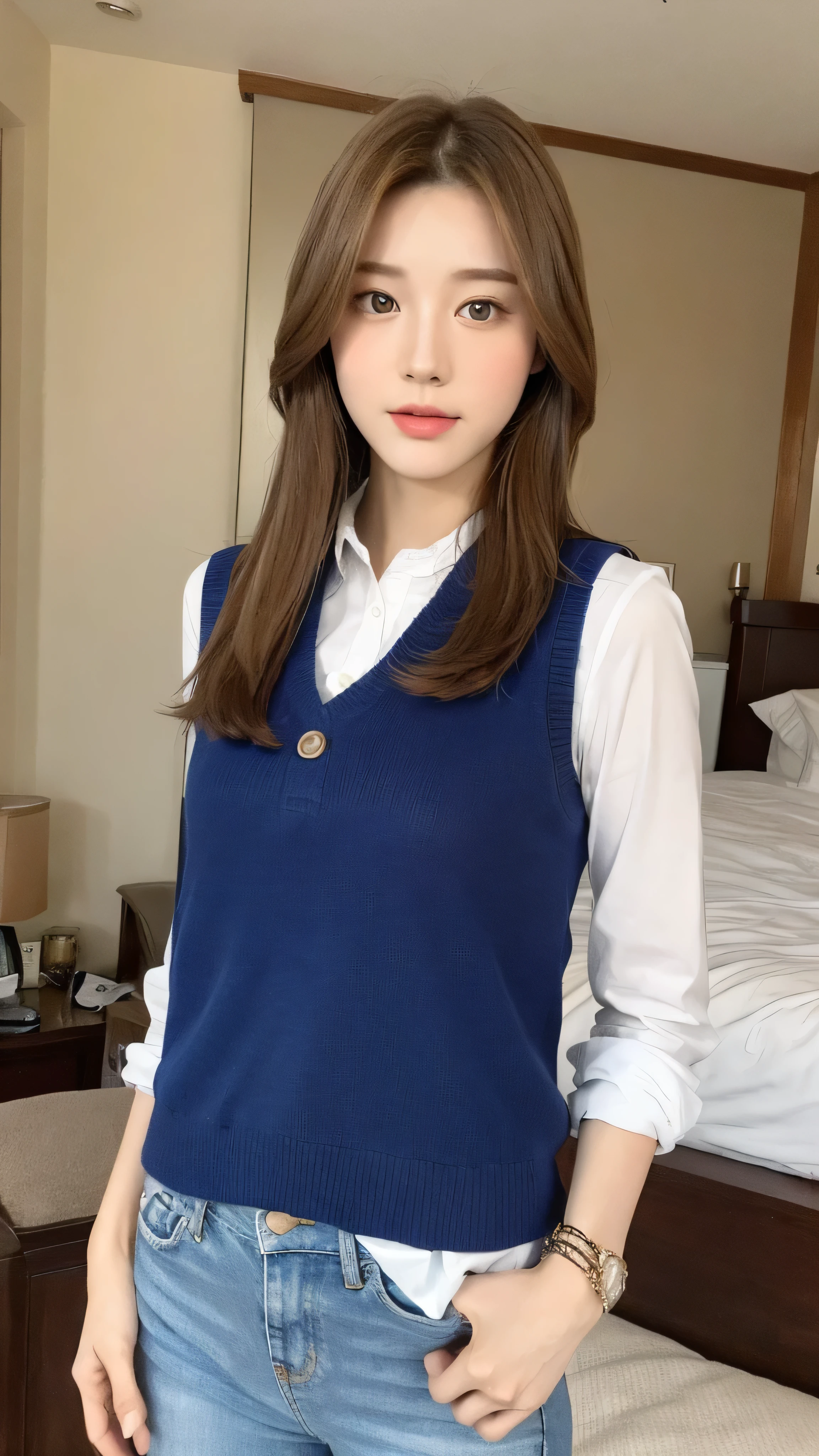 （Lively， high resolution：1.3）， 1 girl with perfect figure， The face and eyes are very detailed，long hair， random color vest：1.2， Short jeans， Large target ，Baogou,bedroom,brown hair,