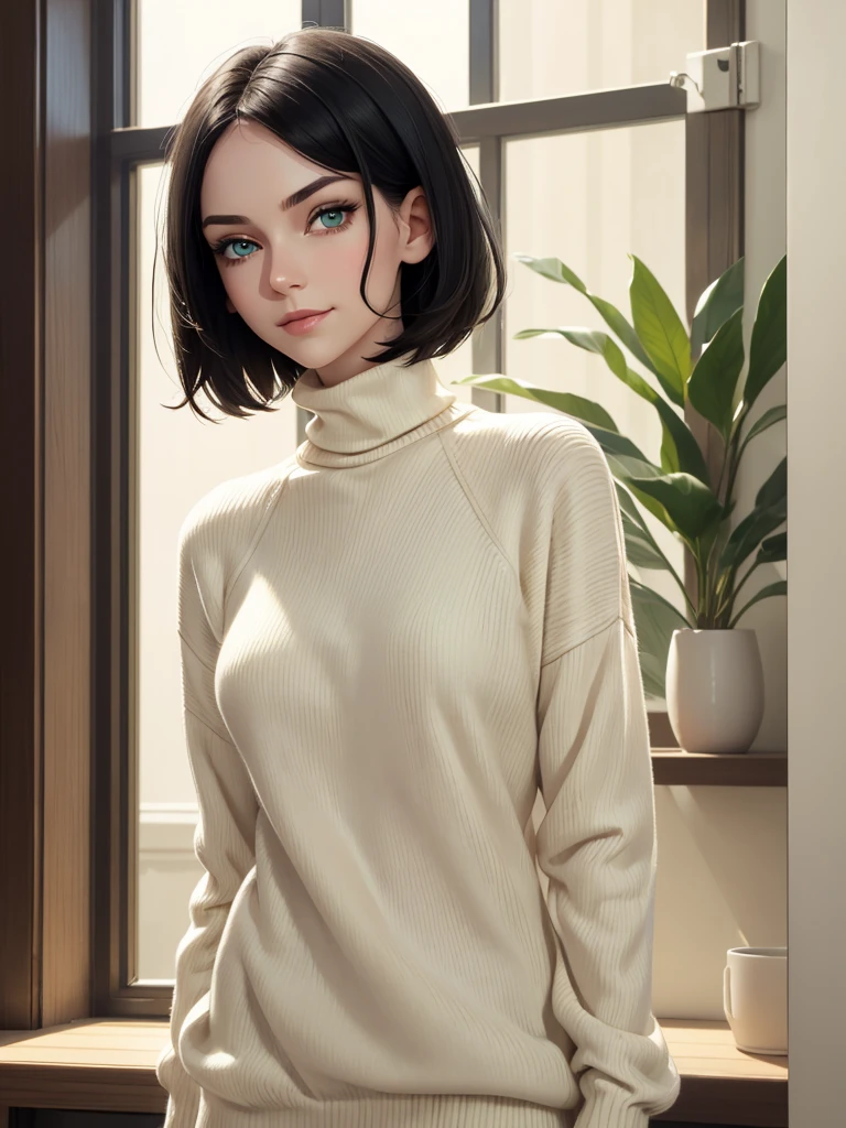 (best quality), 1girl, female, pale skin, black hair, short hair, parted hair, green eyes, perfect eyes, eye bags, tall, slender, lazy, light smile, attractive, sleepy, turtleneck sweater, masterpiece, anatomically correct, highres