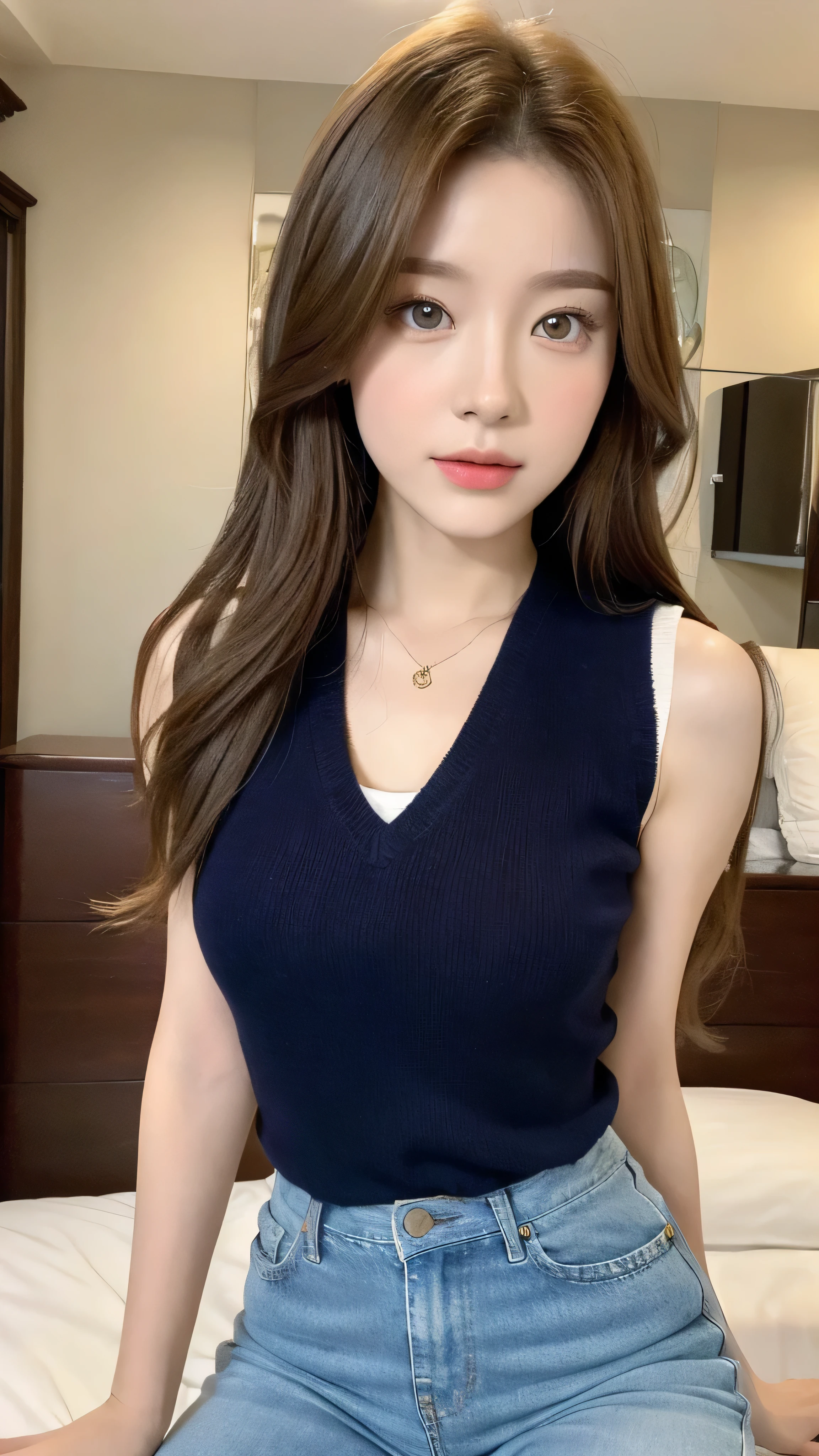(Lively, high resolution:1.3), 1 girl with perfect figure, The face and eyes are very detailed,long hair, random color vest:1.2, Short jeans, Large target ,Baogou,bedroom,brown hair,