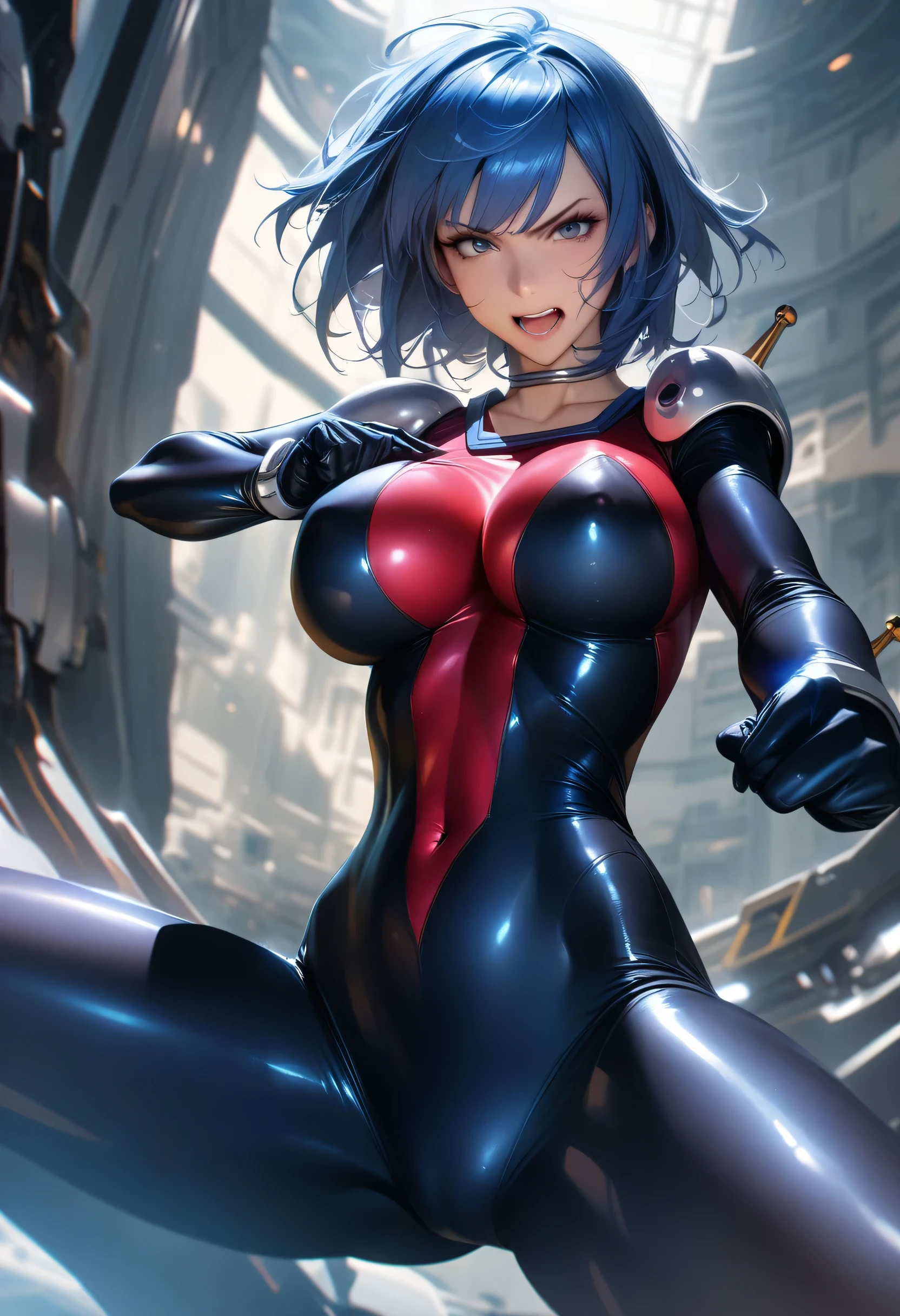 perfect hands, perfect finger,perfect anatomy, masterpiece, best quality,realistic, hyperrealistic, 16k hdr,1girl, large breasts,erected nipples,blue hair, bobcut,mobile trace suit, shoulder armor,bodysuit,fighting pose, upper body, cockpit,from below,angry